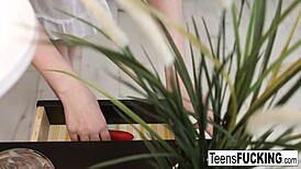 Teen blonde Maria's boyfriend catches her masturbating, leading to blowjob, anal sex, and cumshot.