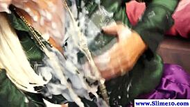 hot blond euro babe gets drenched in gloryhole facial cum!