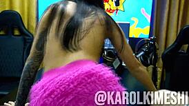 a karol kimeshi gets on all fours showing off on table and chair while ruan slaps her ass - pop in the shack