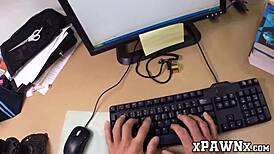 This pretty babe with glasses is fucking like crazy with her broker at work