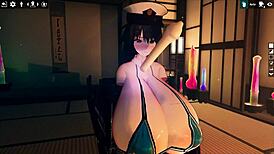 Asian slut with large tits has sex with a dildo while exercising in a sex game of hentai