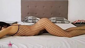 Girl in mesh bodystockings fucks sensually after work, cum on pussy