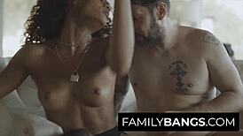 White stepdad climaxes the enjoyment from his black stepdaughter