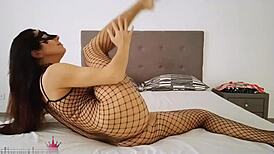 Girl in mesh bodystockings fucks sensually after work, cum on pussy