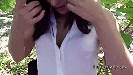 Euro cutie teases with huge cock banging in public spot