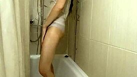 In the Shower, Cute Brunette Dances in White Underwear