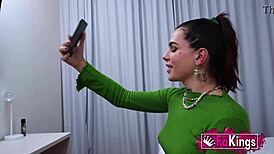 Amazing shemale Jessica Kate guides an inexperienced young dude in casting