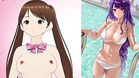 Animated challenge: An anime screenshots featuring a curving, ponytailed lady matching her hand over her legs at a power line junction