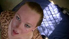 Redhead slut passionately gives blowjob to amateur guy, feeling intense pleasure.