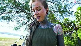 naughty tattooed goth teen squirts during outdoor anal play. alternative punk model fingers solo.