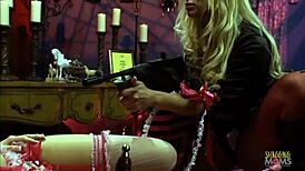 masked dude bangs two blonde sluts at once, licking sucking doggystyle oiled