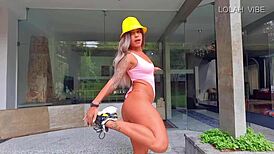 Teacher shows stretching class with big ass.