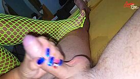 Does the stepmother in yellow mesh stockings enjoy fingering?