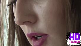 Hot little 18+ Kylie fingering her pussy close-up in the bathroom, licking and moaning.