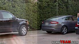 Lesbian teen sucks strapon toy