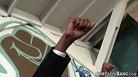 Brunette deepthroats monster cocks in blowbang