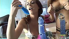 Cute girls masturbate together, but get fucked by the same dude