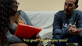 European black couple in interracial sex, bent over with big natural tits, swallows cumshot