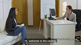 Female Agent Licks Tanned Slim Model