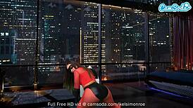 Kelsi Monroe Cosplays as Elastigirl on Webcam, Riding Sybian Machine with Her Big Ass and Hairy Pussy