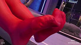 Toes wiggling in red shiny pantyhose