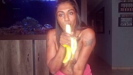 Topless Desi Squeezes Boobs While Deepthroating Banana!