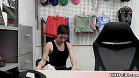 Cute short-haired brunette teacher Olive struggles with cleptomaniac habits