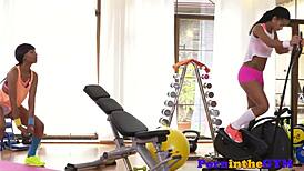 Athletic ebony babes fingering pussies in gym spandex