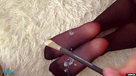 cum dripping on pantyhose feet after sensual tickling play