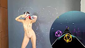 Sexy brunette dances naked in VR training