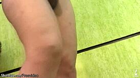 Unbelievable! Shemale seductress measures her huge dick against a banana and explodes with cum.