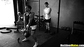 Three gay jocks sucking and pounding hard. Gym workout turns into wild action.