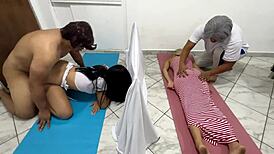 Cheating japanese milf fucked by sexy masseuse beside wife