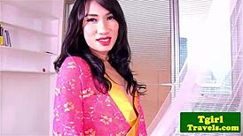 Hey, watch this ladyboy in kimono finger her tight ass?