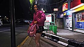 Public whore flashes miniskirt outdoors, teasing exhibitionist style in broad daylight. A true daring slut on display!