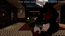 A fake cop receives a deepthroat blowjob from a femboy in the office.