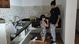 Latina Maid Bent Over Gets Fucked Doggy Style While Cooking in the Kitchen.