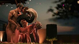 in the seven realms, atlus fucks kali and kagome in a hot threesome with blowjob and pussy licking