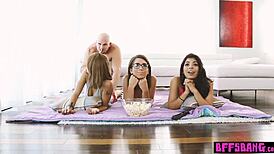 Young stepbrother spends time with petite stepsister and her teen friends in a group setting