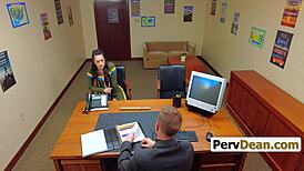 Principal watches as student fucks desperate stepmom Isabel Love on the desk!