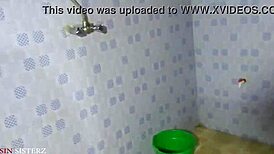 in the bathroom with outdoor asian chubby sucking