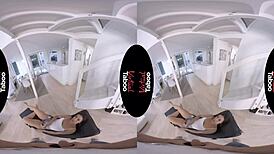 In virtual taboo, the brunette with big ass and shaved pussy rides in cowgirl, giving handjob to his huge dick.