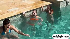 Sweet Coeds Indulge in Bikini Orgy by the Pool