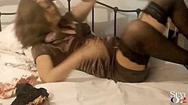 French Slut in Tight Satin Dress and Stockings Gets Pussy Licked and Intense Doggy