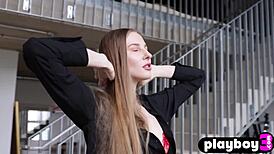 Stella poses in sexy red lingerie, showing small tits