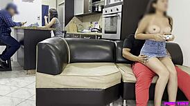 Boldly Fondling Innocent Latina Teen on Legs Hidden from Family