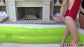 oil wrestling turns into hot lesbian sex, wow! 😍