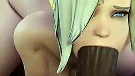 overwatch mercy deepthroats bbc while getting doggy fucked in double penetration