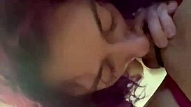 Purple haired girl intensely sucks dick with passion