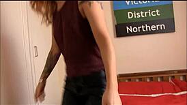 Tattooed and Pierced Rock Chick Slips into Tight Leather Pants and Jacket